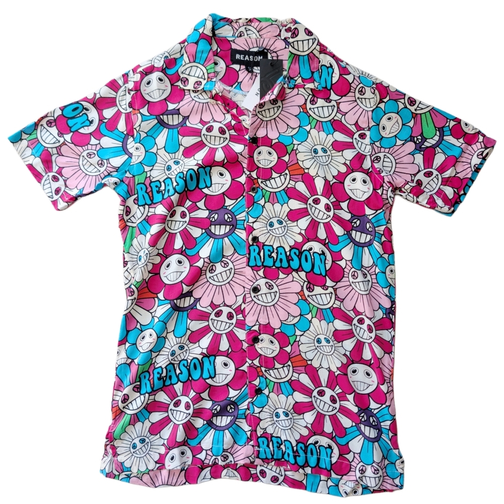 Reason Psychedelic Daisy Cartoon Graphic button‎ up Casual Short Sleeve Shirt